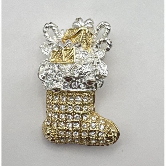 Gold Tone Christmas Stocking Brooch Rhinestone Pin ROMAN Festive Holiday - Picture 7 of 7